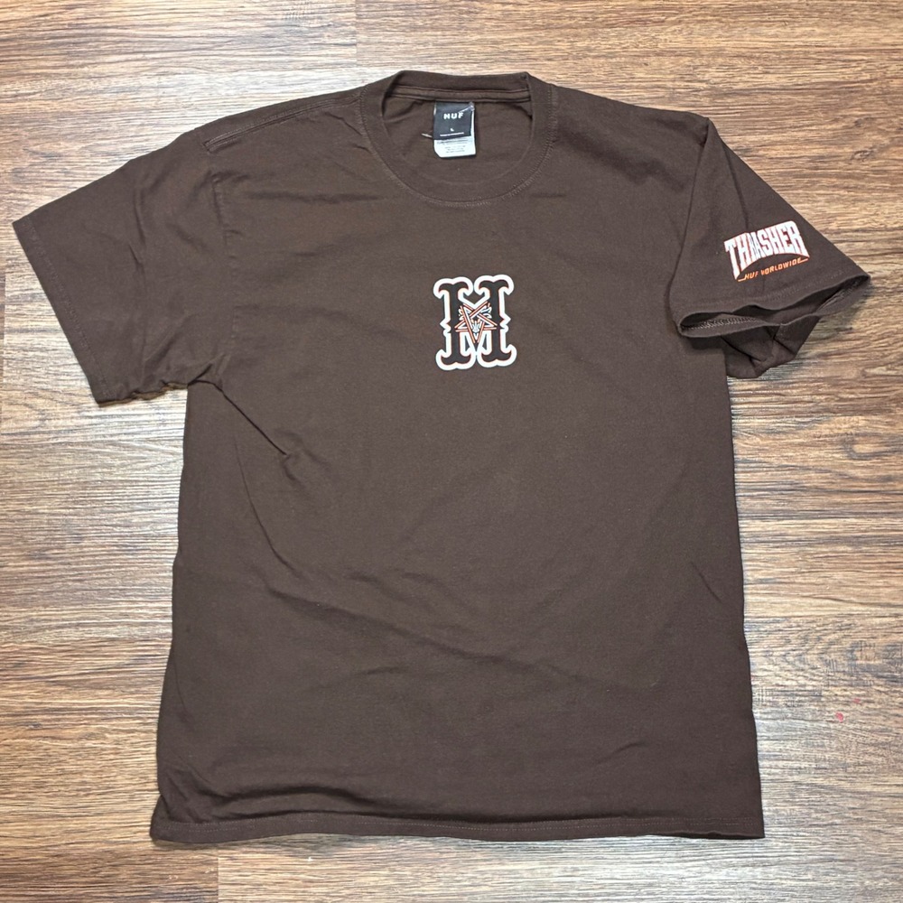 HUF x Thrasher Worldwide T-Shirt Men's L Brown Skate Streetwear Graphic Tee
